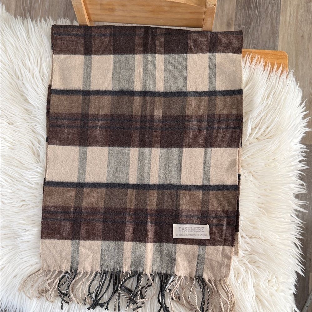 Cashmere In Inner Mongolia  China Plaid Scarf - Brown and Cream